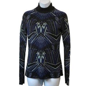H&M Studio 2015 Long Sleeve Mock Neck Knit Sweater LS HM Metallic Art Deco Print